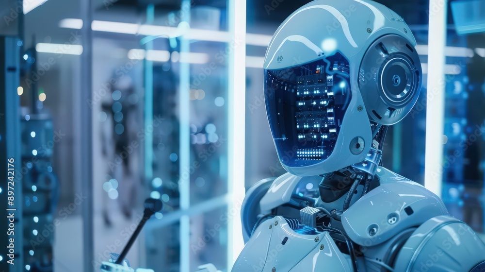Poster showcase a robot installing advanced telecommunications and networking infrastructure in a high-rise