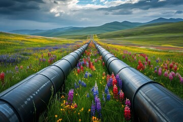 A metal pipe runs diagonally across a field covered with colorful wildflowers, contrasting against the natural landscape, Industrial pipelines weaving through a vibrant flower field, AI Generated