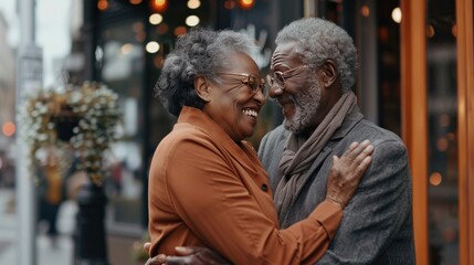 Fototapeta premium A senior couple embracing outside a clinic after receiving positive health news, symbolizing hope and resilience in aging gracefully.