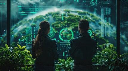 Cybersecurity experts in an organization protecting ecological data with high-tech systems and green solutions. No text, no logo, no trademarks