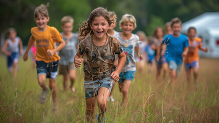 Fototapeta premium Happy children playing tag in a green field on a sunny day