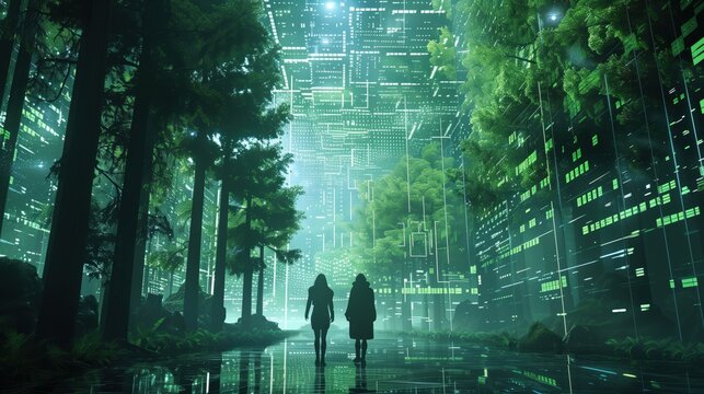 Cybersecurity experts in an organization protecting ecological data with high-tech systems and green solutions. No text, no logo, no trademarks