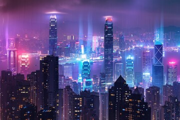 Obraz premium A bustling city at night, with an array of lights illuminating the streets and buildings, Innovative building construction fused with a future city skyline, AI Generated