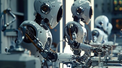 Fototapeta premium Showcase a scene where robots are installing smart home systems, wiring, and plumbing, ensuring a high-tech and efficient setup.