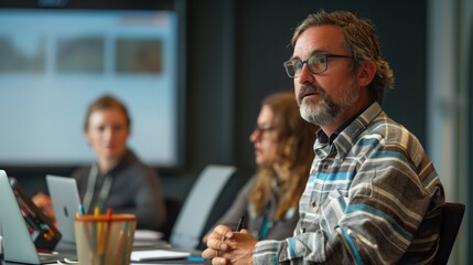 Corporate strategy session focused on implementing renewable energy projects, using digital tools and creative ideas for long-term sustainability. No text, no logo, no trademarks