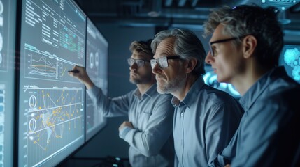 Industrial leaders discussing AI-driven conservation methods with digital data displays, optimizing resource use for environmental sustainability. No text, no logo, no trademarks