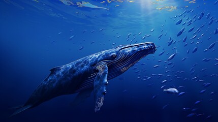 A majestic whale swimming gracefully through the deep blue ocean, accompanied by schools of smaller fish, showcasing the grandeur of sea life.