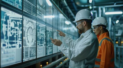 Industrial leaders discussing AI-driven conservation methods with digital data displays, optimizing resource use for environmental sustainability. No text, no logo, no trademarks