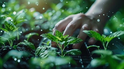 Cybersecurity experts protecting ecological data in an organization, utilizing advanced technology and green solutions. No text, no logo, no trademarks