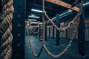 Fototapeta premium A thick rope hangs from the ceiling of a well-lit gym, ready to be used for a workout or training session, Inside a CrossFit gym with rope climbs and cargo nets, AI Generated