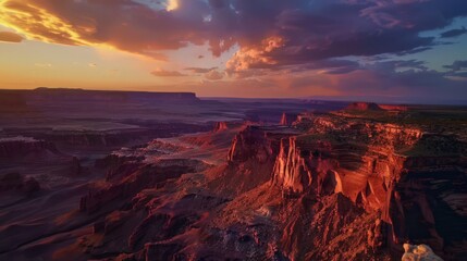 Showcase an aerial panorama of a canyon during sunset, with the sky painted in vibrant hues of orange and pink