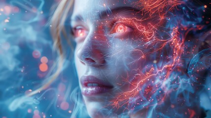 Conceptual Image of Neural Activity and Human Face. Conceptual image showing neural activity overlaying a human face, representing the intricate connections in the brain and nervous system.