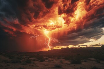 A powerful storm cloud illuminates the sky with intense lightning strikes, Intense thunderstorm over a desert, AI Generated