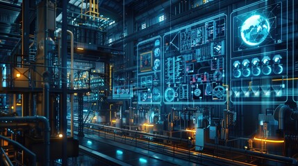Obraz premium Industrial facility using AI to optimize resource use, with futuristic monitors displaying data on conservation efforts and environmental impact. No text, no logo, no trademarks