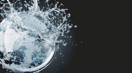 A blue and green planet earth is depicted with a large water splash around it. The North American continent is visible on the planet's surface