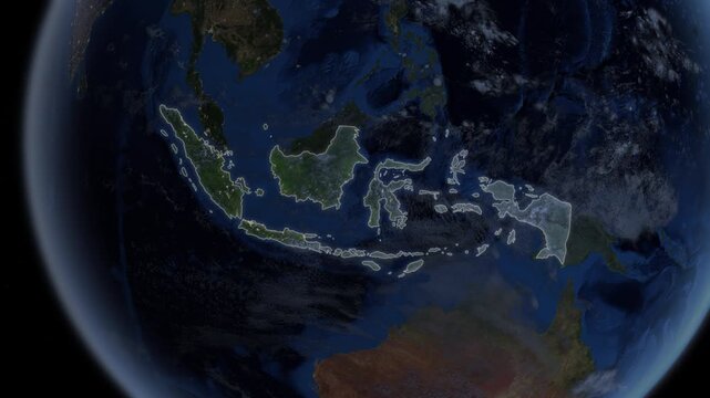 Map showing Indonesia, Asia, from space to see the region from above from space. Detailed map Showing area, HD and 4K. Animation.