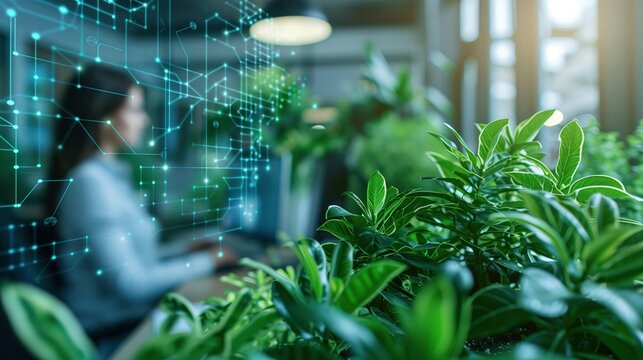 Enterprise developers coding green tech applications in a modern office, surrounded by eco-friendly gadgets and indoor plants. No text, no logo, no trademarks