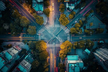 Aerial View of a City Street at Night, Intersecting city streets in a grid pattern seen from above, AI Generated