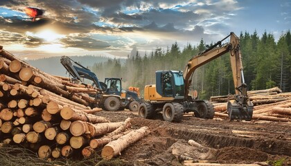Heavy machinery working in a clearing amongst stacked logs