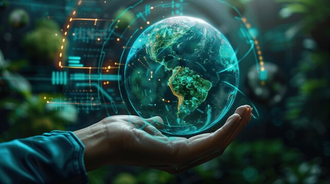 Cybersecurity experts in an organization, using advanced systems to protect ecological data, ensuring secure and sustainable operations. No text, no logo, no trademarks