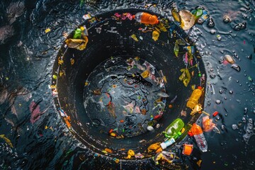 A pile of trash sits on the shore, overlooking a calm body of water