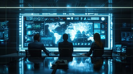 Industrial leaders discussing AI-driven conservation efforts, with digital displays of resource optimization and environmental impact metrics in a futuristic boardroom. No text, no logo, no trademarks