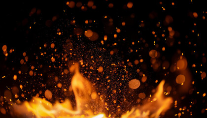 Fototapeta premium Fire particles and embers in the air, black background. Power of hot fire. Intensive flames.