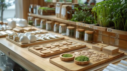 Commerce platform showcasing natural hardware products with interactive digital interfaces and eco-friendly materials, emphasizing sustainability and innovation. No text, no logo, no trademarks