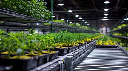 E-commerce warehouse featuring robotic hardware systems seamlessly integrated with green plants, highlighting the blend of advanced technology and environmental consciousness. No text, no logo, no