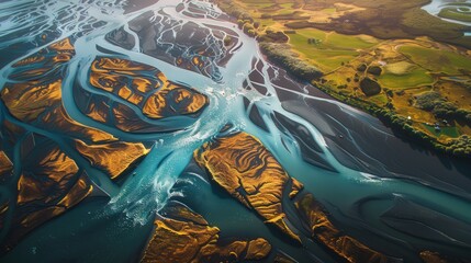 Showcase an aerial view of a river with the focus on the interplay of light and shadow across the water and banks.