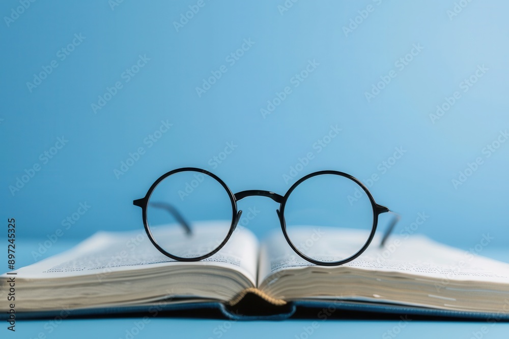 Leinwandbilder a pair of round eyeglasses rests on an open book against a solid blue background. generative ai