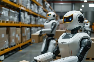 Robots with advanced AI in warehouse environment, showcasing mod