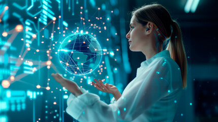 a professional woman presenting a holographic globe with network connections and data points, surrounded by floating digital charts and graphs. The image emphasizes global connecti