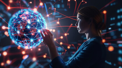 a businesswoman engaging with a holographic globe featuring network nodes and lines, with a backdrop of abstract digital data and futuristic interface elements. The visual highligh