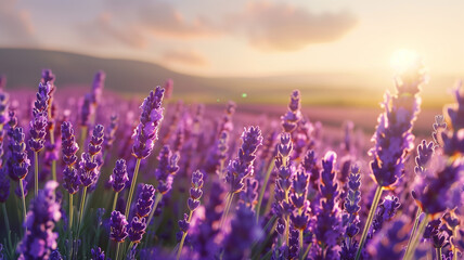 Obraz premium A high-definition image of lavender fields in bloom, with a clear and soft sky background, emphasizing the rich purples and the serene landscape.