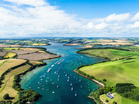 Salcombe and Mill Bay over Kingsbridge Estuary from a drone, Batson Creek, Southpool Creek, Devon, England, Europe