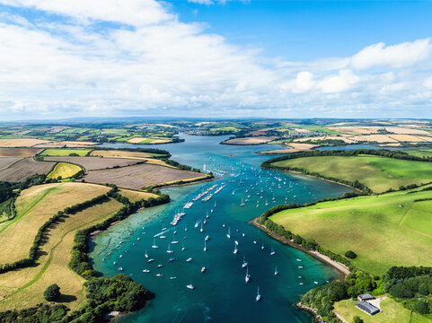 Salcombe and Mill Bay over Kingsbridge Estuary from a drone, Batson Creek, Southpool Creek, Devon, England, Europe