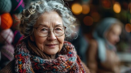 A warm-hearted elderly woman with curly hair and glasses smiles warmly while donning a colorful knitted scarf, evoking feelings of comfort and nostalgia.