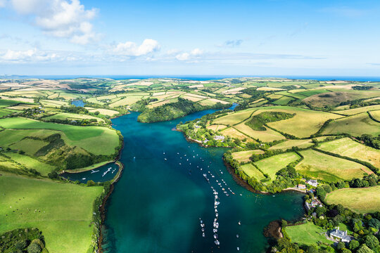 Salcombe and Mill Bay over Kingsbridge Estuary from a drone, Batson Creek, Southpool Creek, Devon, England, Europe