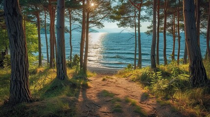 Obraz premium Forest and ocean in harmony, peaceful scenery,