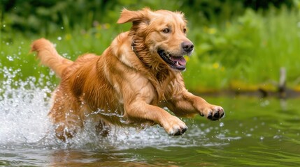 A dog runs through a shallow body of water, creating splashing water droplets around its body
