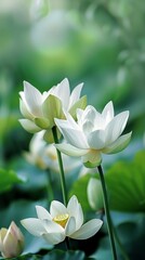Obraz premium Three white lotus flowers bloom in a lush green garden