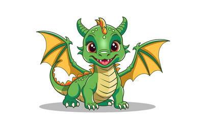 Vector cartoon cute kind smiling green little dragon baby with spread wings. Fairytale magical cuddly kawaii animal.