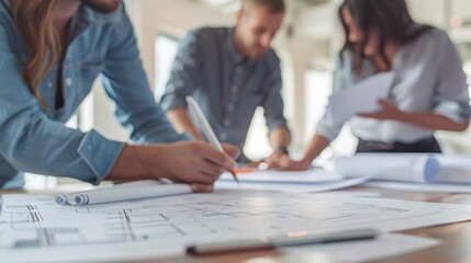 A team of architects discussing blueprints and design plans while gathered around a conference table in a contemporary office studio.
