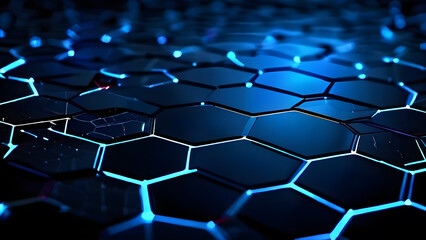 Naklejka premium Geometric hi-tech patterns with interconnected hexagons and glowing elements, forming a sophisticated and intricate digital background design.Technology concept.Generative ai.