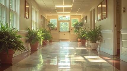 Sunny Hallway With Plants and Glass Doors Leading Outside