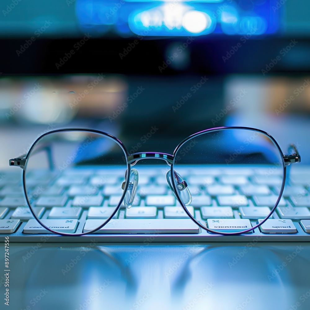 Leinwandbilder a pair of eyeglasses sits on a computer keyboard in a modern office environment. the background is o