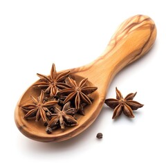 Star Anise and Peppercorns in Wooden Spoon