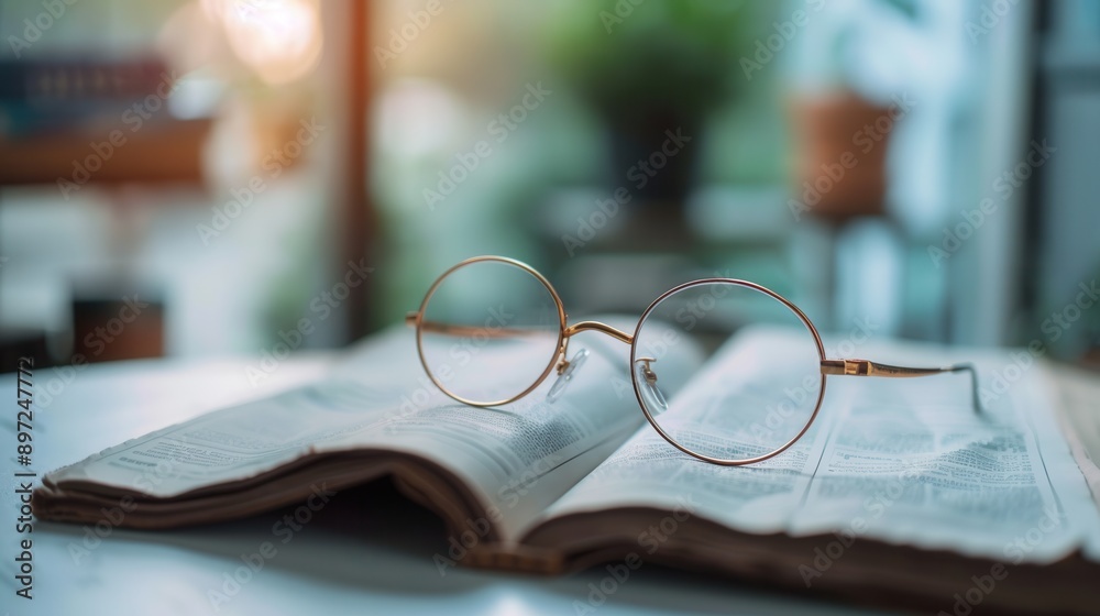 Poster round eyeglasses are resting on a book with a blurry, minimalist background. generative ai