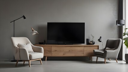 A TV cabinet with an armchair on a wall affixed to a concrete wall in the living room
